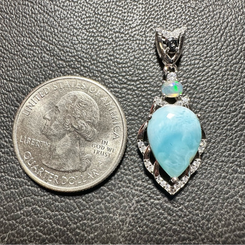 Larimar, Ethiopian Opal, Cubic Zirconia 925 Silver Pendant